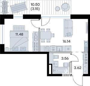 1-к квартира, строящийся дом, 38м2, 4/8 этаж