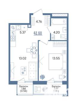 1-к квартира, строящийся дом, 43м2, 2/13 этаж