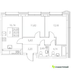 2-к квартира, вторичка, 58м2, 2/8 этаж