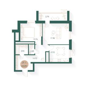 2-к квартира, строящийся дом, 63м2, 6/24 этаж