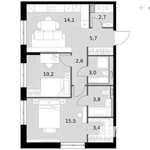 2-к квартира, вторичка, 61м2, 6/14 этаж