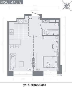 1-к квартира, строящийся дом, 44м2, 4/8 этаж
