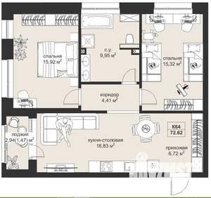 2-к квартира, строящийся дом, 73м2, 3/4 этаж