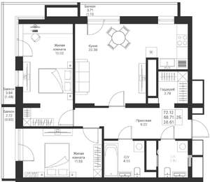 2-к квартира, вторичка, 72м2, 9/24 этаж