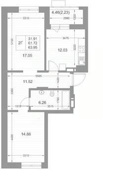 2-к квартира, вторичка, 63м2, 2/17 этаж