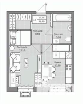 1-к квартира, вторичка, 39м2, 21/25 этаж