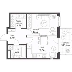 1-к квартира, строящийся дом, 40м2, 8/8 этаж