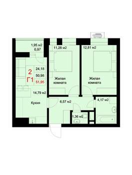 2-к квартира, строящийся дом, 52м2, 7/10 этаж