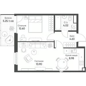 2-к квартира, строящийся дом, 46м2, 8/8 этаж
