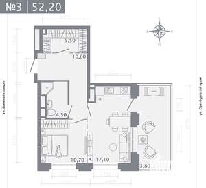 1-к квартира, строящийся дом, 52м2, 2/25 этаж