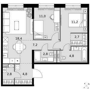 2-к квартира, вторичка, 66м2, 5/20 этаж