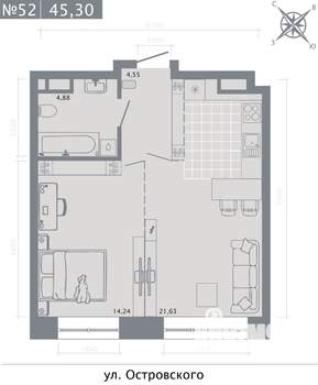 1-к квартира, строящийся дом, 45м2, 3/8 этаж