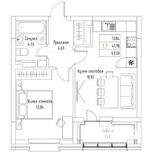 1-к квартира, вторичка, 44м2, 3/9 этаж