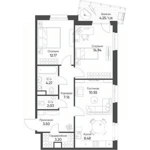 3-к квартира, строящийся дом, 68м2, 9/17 этаж