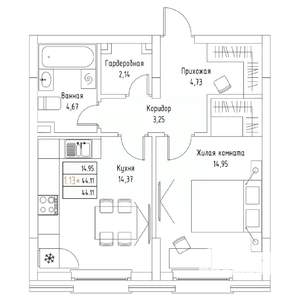 1-к квартира, вторичка, 44м2, 1/9 этаж