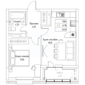 1-к квартира, вторичка, 44м2, 9/9 этаж