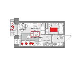 1-к квартира, вторичка, 24м2, 4/19 этаж