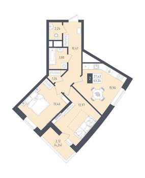 2-к квартира, вторичка, 63м2, 7/22 этаж