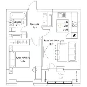 1-к квартира, вторичка, 44м2, 4/9 этаж