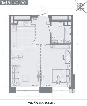 1-к квартира, вторичка, 43м2, 2/8 этаж