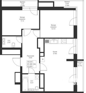 2-к квартира, вторичка, 66м2, 23/25 этаж