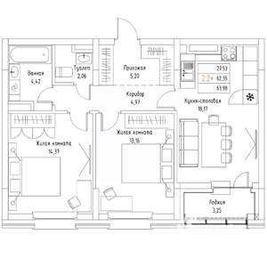 2-к квартира, вторичка, 64м2, 5/9 этаж