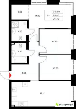 3-к квартира, вторичка, 75м2, 4/22 этаж