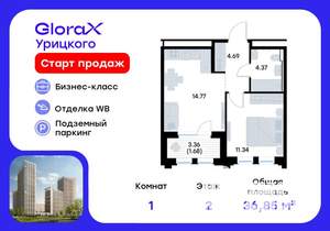 1-к квартира, вторичка, 37м2, 2/20 этаж