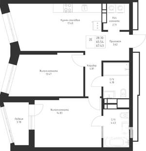 2-к квартира, вторичка, 67м2, 6/23 этаж
