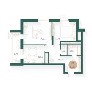 2-к квартира, вторичка, 63м2, 4/24 этаж