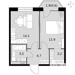 1-к квартира, вторичка, 39м2, 7/19 этаж