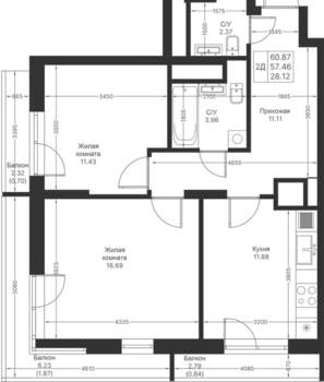 2-к квартира, вторичка, 61м2, 17/24 этаж