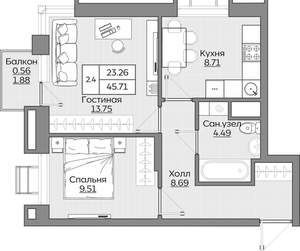 2-к квартира, вторичка, 46м2, 4/24 этаж