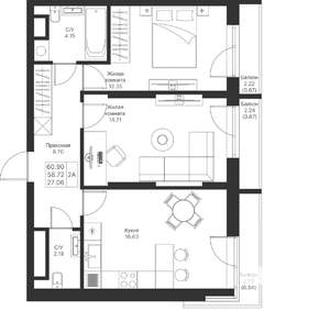 2-к квартира, вторичка, 61м2, 10/25 этаж