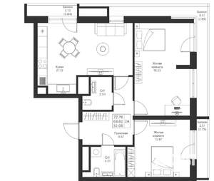 2-к квартира, вторичка, 73м2, 12/24 этаж