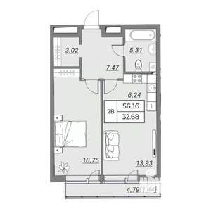 2-к квартира, вторичка, 56м2, 7/9 этаж