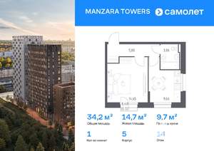 1-к квартира, вторичка, 34м2, 14/15 этаж