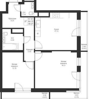 2-к квартира, строящийся дом, 68м2, 18/25 этаж