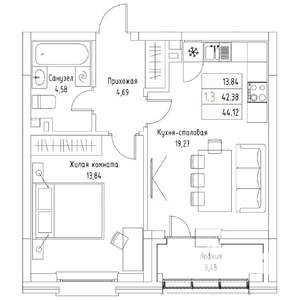 1-к квартира, вторичка, 44м2, 1/9 этаж
