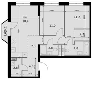 2-к квартира, вторичка, 66м2, 13/20 этаж