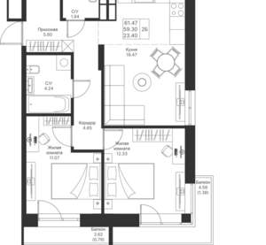 2-к квартира, вторичка, 61м2, 9/24 этаж