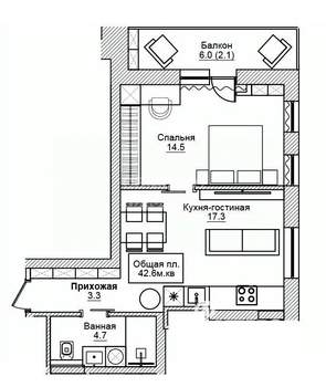 1-к квартира, вторичка, 43м2, 7/17 этаж