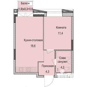 1-к квартира, строящийся дом, 39м2, 4/14 этаж