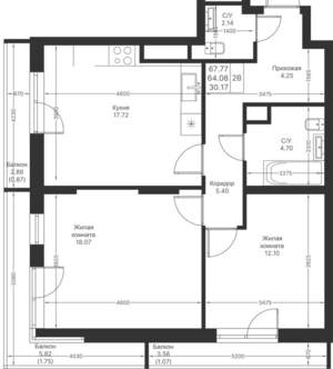 2-к квартира, вторичка, 68м2, 13/24 этаж