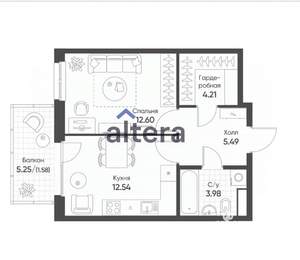 1-к квартира, вторичка, 44м2, 6/9 этаж