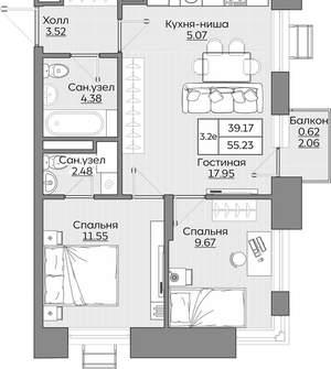 3-к квартира, вторичка, 55м2, 5/24 этаж