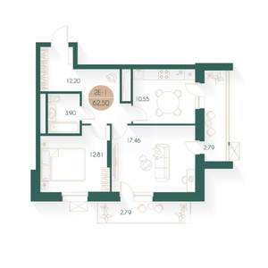 2-к квартира, строящийся дом, 62м2, 7/24 этаж