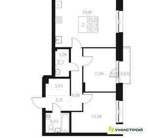 2-к квартира, вторичка, 71м2, 6/7 этаж