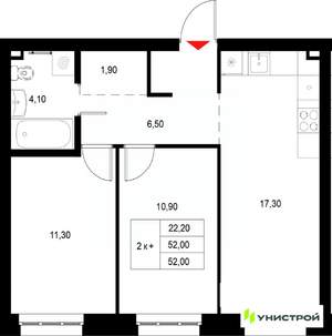 2-к квартира, вторичка, 52м2, 4/22 этаж