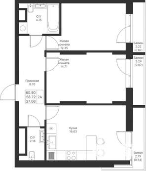 2-к квартира, вторичка, 61м2, 10/25 этаж